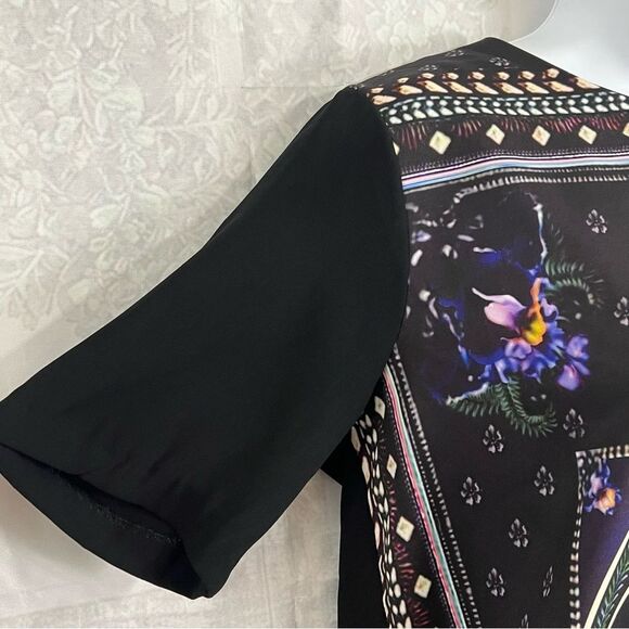 MIX & CHIC PURPLE IRIS BLACK FLORAL PRINT UNIQUE Mini dress Top  CLASSY - Picture 6 of 12